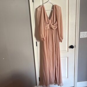 Lulu's Pink Plunge Bishop Sleeve Gown